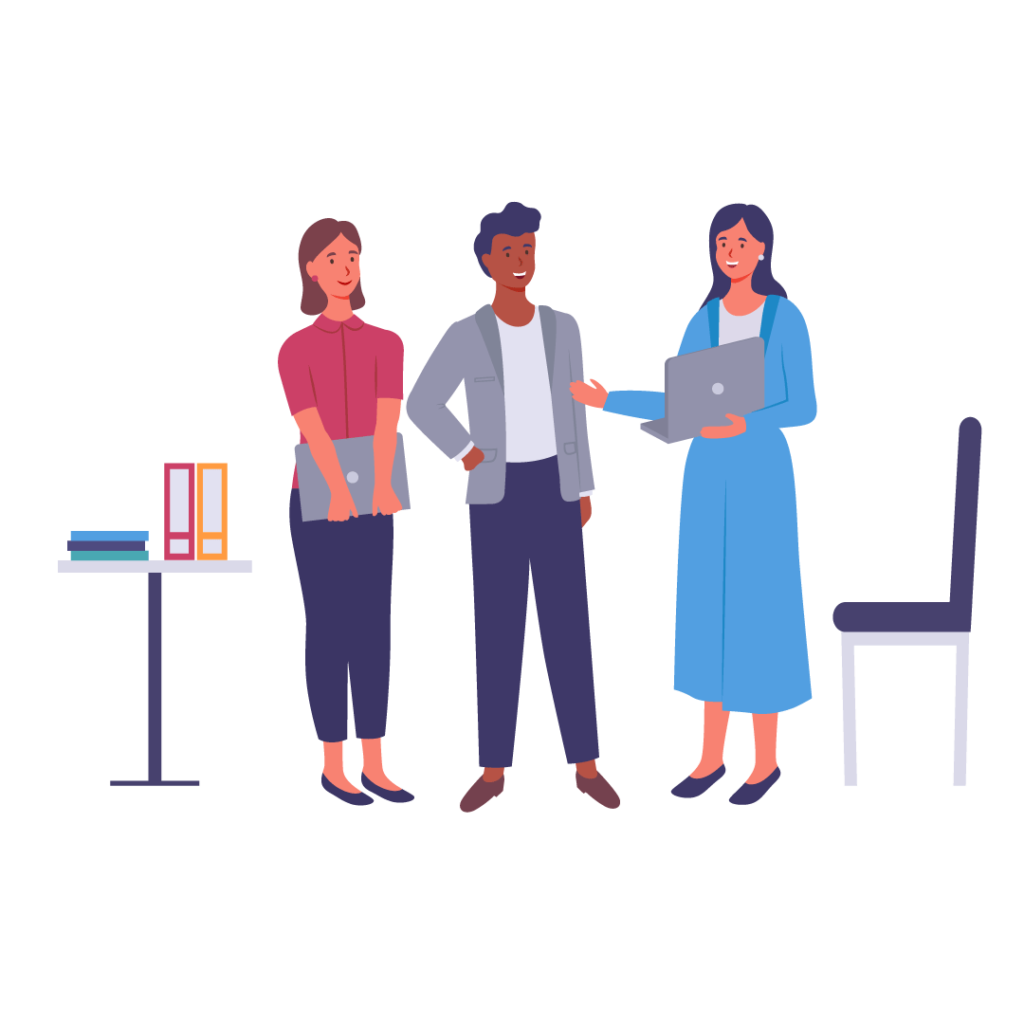 Cartoon of three people looking at a laptop